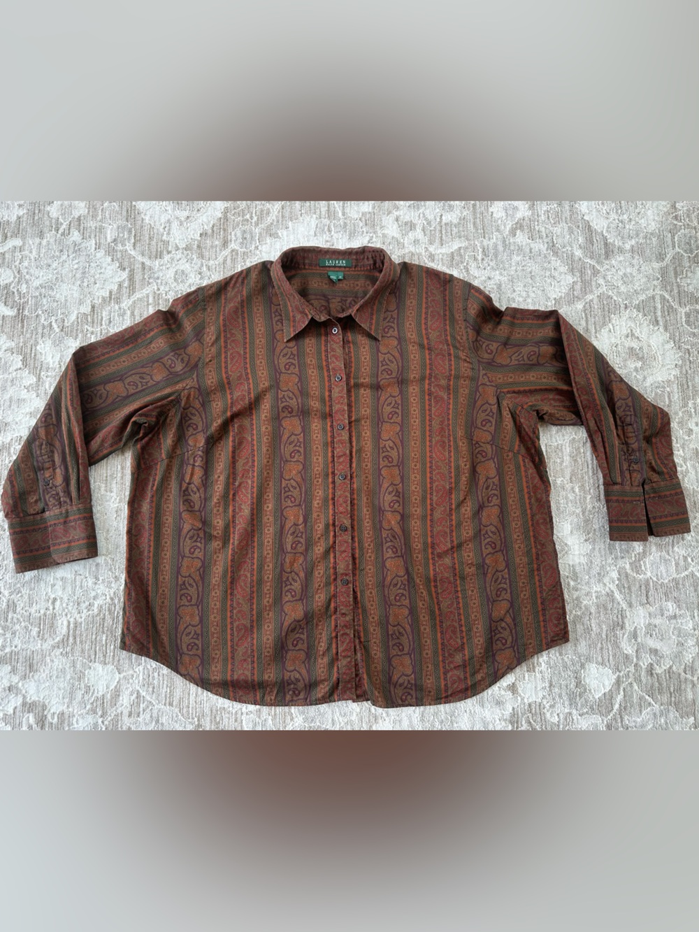 Ralph Lauren Brown Copper Orange Paisley Stripe Cotton Button Down Dress Shirt